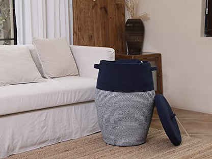 26"x20" Handcrafted Tall Cotton Rope Basket with Lid, Stylish Flagon Shape with Cover, Clothes Hamper with Top, for Bedroom and Living Room, Dark Blue Mix - color: Dark Blue Mix