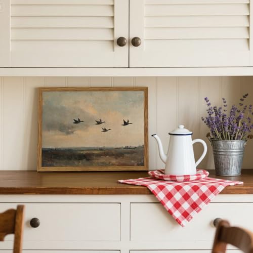 Vintage Flying Duck Wall Art, Rustic Landscape Wall Decor Retro Bird Painting Nature Wilderness 3D Textured Hand Drawn Sandstone Artwork Aesthetics for Bedroom Living Room 12x16 inch Wood Framed - color: vintage, size: 16"L x 12"W