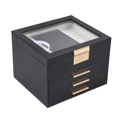 BOOVO Clear Lid Jewelry Box,3 Layers Jewelry Organizer Large Jewelry Storage Box with 2 Drawers,Jewelry Holder Organzier of Rings Earrings Necklace Bracelets for Women (Black, 4 Layer) - color: Black, size: 4 Layer