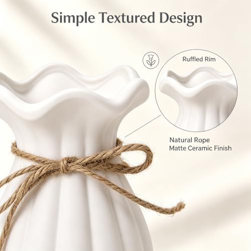Small White Ceramic Vase, 5.9 Inch Modern Wavy Flower Vase with Rustic Rope, Minimalist Tabletop Vase for Shelf, Desk, Coffee Table, Living Room, Bedroom, Home Decor Gift