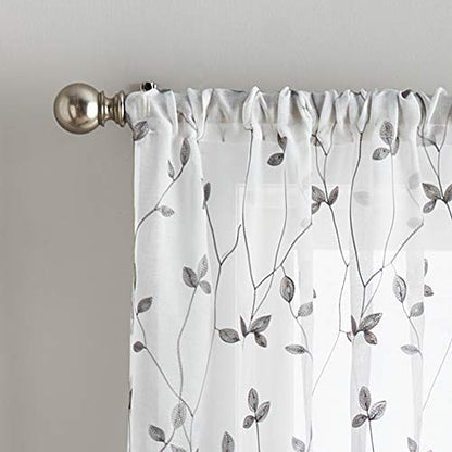 Curtainworks Botanical Embroidery Sheer Window Curtain Collection, Rod Pocket, 63-inch Panel Pair, Grey - color: Grey, size: 37"W x 63"L (Pack of 2)