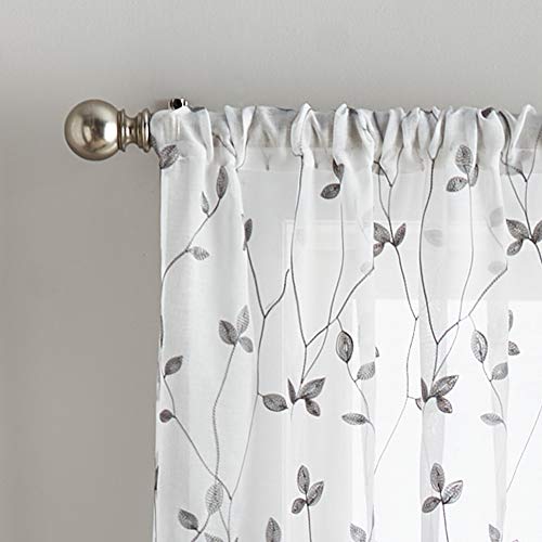Curtainworks Botanical Embroidery Sheer Window Curtain Collection, Rod Pocket, 84-inch Panel Pair, Grey - color: Grey, size: 37"W x 84"L (Pack of 2)