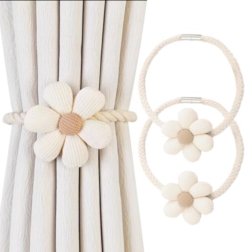 Magnetic Curtain Tiebacks, 2 Pack Window Curtain Treatment Holdbacks Tie Back Holders with Weave Twist Rope for Home Bedroom Office Indoor & Outdoor Decorative Boho Flower Cream Beige - color: Beige
