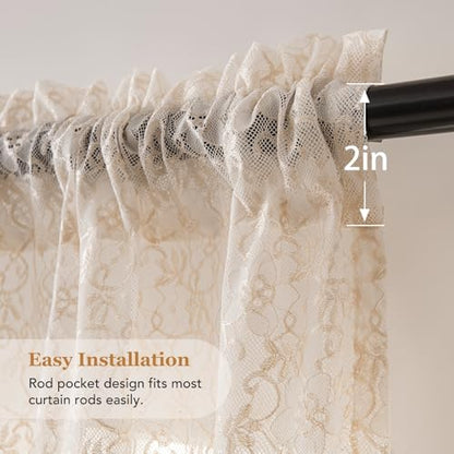 PearAge Lace Sheer Curtains for Living Room, 63 Inch Length, Elegant Lace-Style Voile Drapes for Bedroom, Kitchen or Dining Room, 42W x 63L Inch, 2 Panels Beige - color: Beige