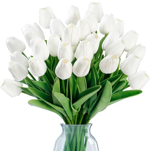 Sggvecsy 30 Pcs Fake Tulips Artificial Flowers Real Touch PU Faux Flowers Tulip Stems for Wedding Spring Bouquet Floral Arrangement Home Party Office Decorations for Mother's Day (White) - color: White, size: 30 Pcs
