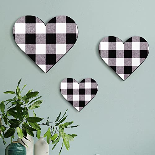 Jetec 3 Pcs Wood Heart Wall Decor Farmhouse Plaque, Black and White Plaid - style: Black and White Plaid