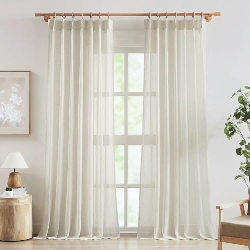 FMFUNCTEX Beige Linen Pinch Pleated Sheer Curtains, 96 Inches, 2 Panels - color: Pinch Pleat| Natural, size: 52"W x 96"L (Pack of 2)