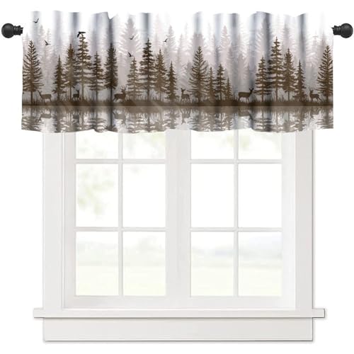Misty Forest Valance Curtain, Rustic Farmhouse Pine Tree Landscape Country Woodland Deer Print Blackout Short Window Drape for Kitchen Living Room Bedroom, 54x18inch - color: Deer-3