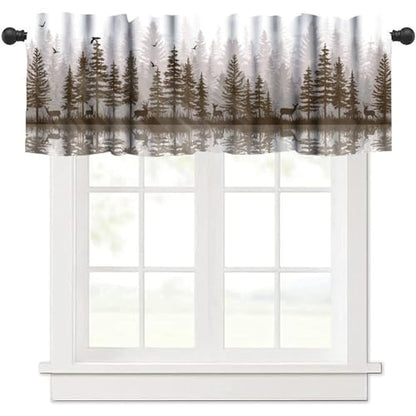 Misty Forest Valance Curtain, Rustic Farmhouse Pine Tree Landscape Country Woodland Deer Print Blackout Short Window Drape for Kitchen Living Room Bedroom, 54x18inch - color: Deer-3