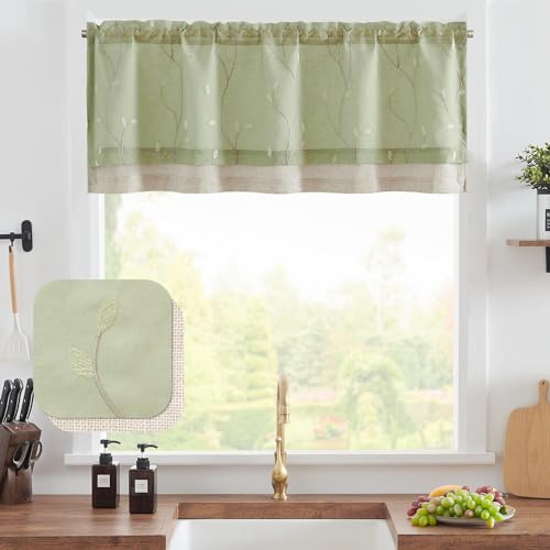 jinchan Linen Kitchen Valance Sheer Leaf Embroidered 18 Inch 1 Panel Green - color: Leaf | Beige on Green