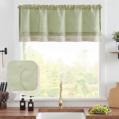 jinchan Linen Kitchen Valance Sheer Leaf Embroidered 18 Inch 1 Panel Green - color: Leaf | Beige on Green