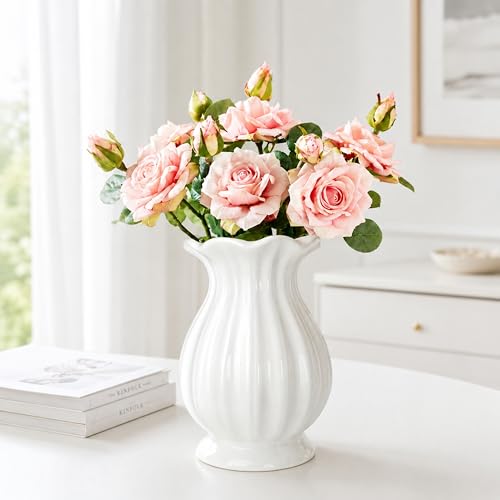 White Ceramic Vase, 7.8 Inch Farmhouse Flower Vase for Home Decor - color: White-f
