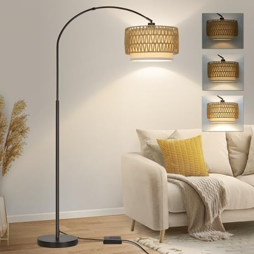 Rattan Floor Lamp, Dimmable Arc Floor Lamps with Adjustable Head - color: Black Base with Rattan Shade