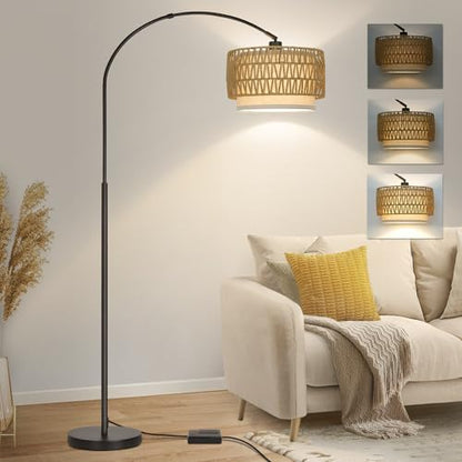 Rattan Floor Lamp, Dimmable Arc Floor Lamps with Adjustable Head - color: Black Base with Rattan Shade
