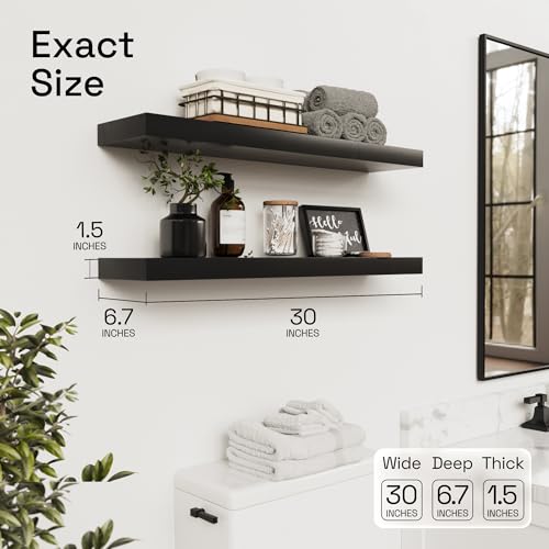 Solid Wood Floating Shelves for Wall 30 Inches Long, Black Wooden Shelf - color: Black, size: 30 Inch