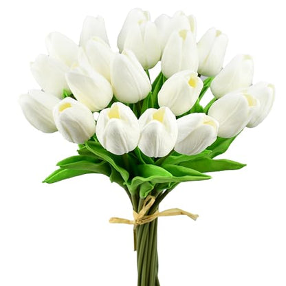 Mandy's 20 Stems Pure White Artificial Tulip Flowers for Home Centerpieces - color: Pure White