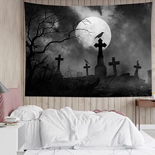 HVEST Halloween Tapestry Full Moon Black Crow Tombstone Dead Tree Tapestry for Bedroom, Scary Grey Cemetery Forest Wall Decor Blanket Home Holiday Living Room Decorations, 59W X 51H Inches - color: Black, size: 51"L x 59"W