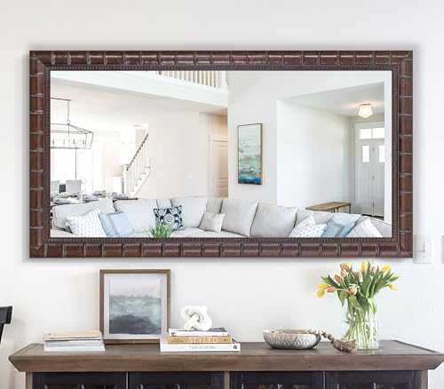 Large Brozne Decorative Mirror for Living Room, 53'' x 29'' Antiuqe Dining Room Mirrors with Bamboo-Joint Frame, Classic Vintage Brozne Wooden Mirror for Entryway, Fireplace, Horizontal/Vertical - color: Bronze, size: 53"L x 29"W