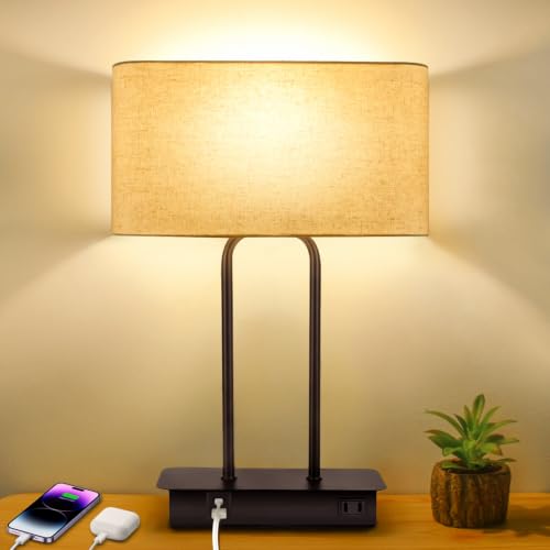 BesLowe 16’’ Table Lamp for Bedroom, Bedside Nightstand Lamp with LED Bulb - color: Cream