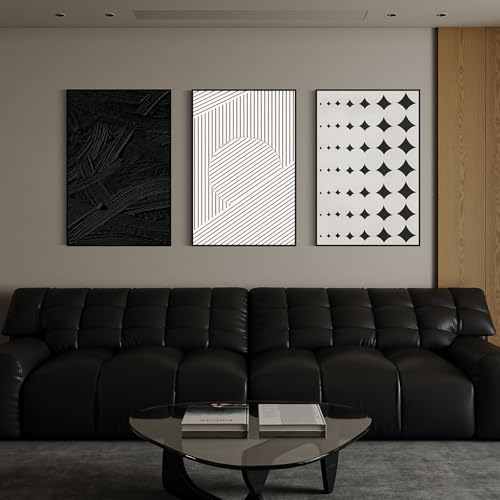 QKF 3Pcs Black White Abstract Geometric Textured Framed Canvas Wall Art Set - color: Simple Black and White, size: 16" X 24" X 3 pieces