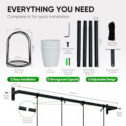 Window Plant Hanger with 4 Pots, 40 Inch Adjustable Hanging Planters for Indoor Plants, Metal Wall/Ceiling Plant Rod for Herbs, Flowers, Kitchen, Apartment & Balcony, Black - size: 40inch-4 flower pots