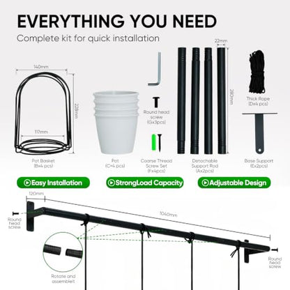 Window Plant Hanger with 4 Pots, 40 Inch Adjustable Hanging Planters for Indoor Plants, Metal Wall/Ceiling Plant Rod for Herbs, Flowers, Kitchen, Apartment & Balcony, Black - size: 40inch-4 flower pots
