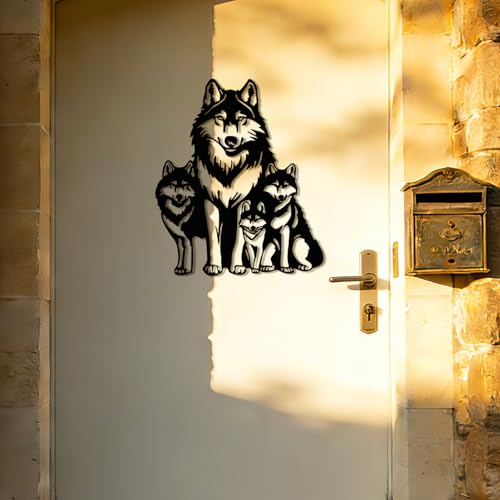 Maoerzai Geometric Wolf Family Metal Wall Art Decor, Perfect for Living Room, Office, Bedroom Entrance (Black - 12 x 14 Inch)
