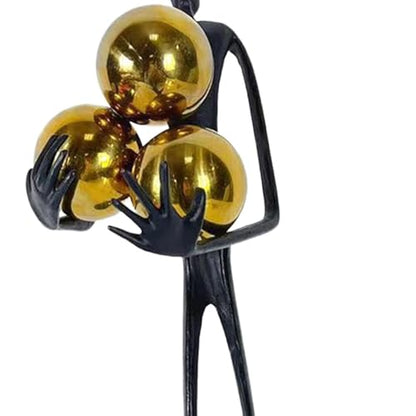Modern Abstract Cast Iron Sculpture with Golden Spheres – 16.2 in Tall Handmade Minimalist Figurine Art for Home Office Decor, Industrial Desktop Ornament Gift (Black) - style: Holding the ball man
