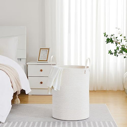 VIPOSCO 72L Tall Woven Rope Laundry Hamper, Leather Handles, White - color: White, size: 72L