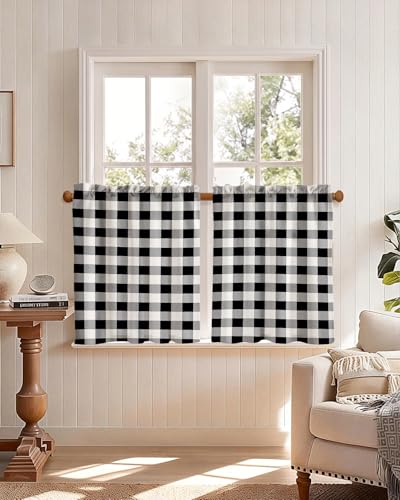 Miss Adola 24 Inch Length Kitchen Tier Curtains, Black Plaid - color: Black Plaid, size: 28"W x 24"L (Pack of 2)