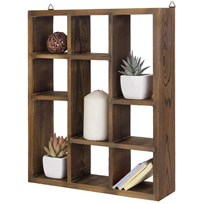 MyGift 9 Compartment Shadow Box Display Shelf, Rustic Wood Curio Case - color: Torched