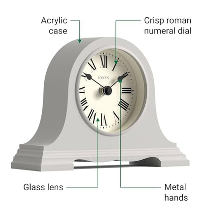 JONES CLOCKS® Speakeasy Small Mantel Clock | Classic Napoleon’s hat Design | Gray | Roman Numerals |Traditional Style for Desk, Table, Shelf or Bedside - color: Overcoat Grey