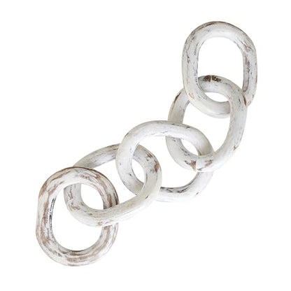Housewarming Gifts Wood Chain Link Decor Hand Carved 5-Link Wood Knot Decorative Chain, Rustic Decorative Object Large Wooden Chain for Home Living Room Coffee Table Farmhouse 16 x 4 x 2 (White)