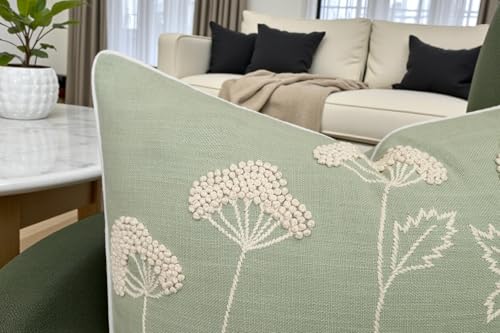 Rudransha Hand Embroidered Wildflower Throw Pillow Cover - 20x20 Inch Light Green Cotton - Blooming - color: Blooming-light Green, size: 20" x 20" (Pack of 1)