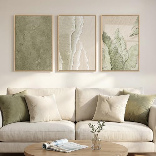 Framed Abstract Sage Green 3 Piece Wall Art for Living Room, 16x24 In - color: Sage Green & Beige, size: 16" W x 24" H x 3Pcs
