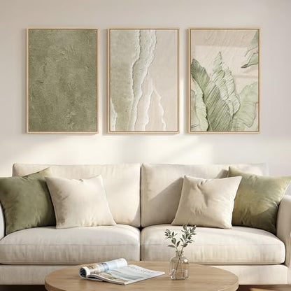 Framed Abstract Sage Green 3 Piece Wall Art for Living Room, 16x24 In - color: Sage Green & Beige, size: 16" W x 24" H x 3Pcs