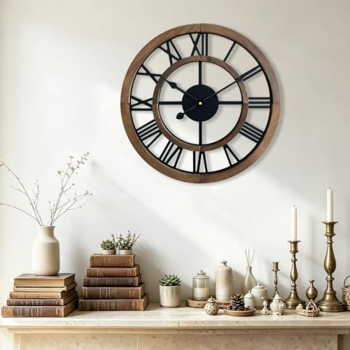 16 Inch Rustic Wall Clock Silent Non-Ticking Wooden Wall Clocks with Roman Numerals Farmhouse Decorative Clock for Living Room Bedroom Office (Brow) - color: Brown, size: 16 Inch