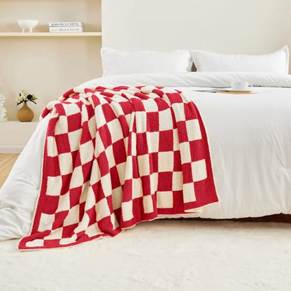 CozeCube Christmas Red Reversible Checkered Knit Throw Blanket 50"x60" - color: Christmas Red, size: 50"x60"