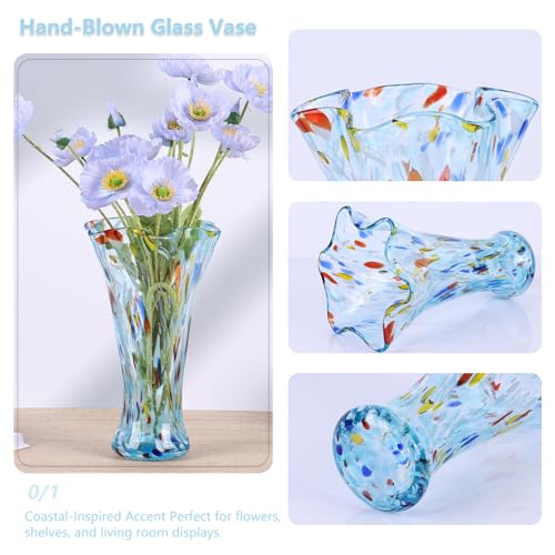 9.0" H Aqua Blue Glass Vases for Flower, Unique Hand Blown Glass Vase - color: Aqua
