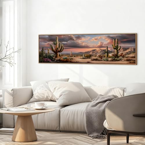 Southwest Desert Cactus Wall Art Neutral Framed Mexican Mountain Landscape Picture Canvas Prints Painting for Kitchen Living Room Abstract Watercolor Succulent Poster Artwork Home Decorations 14x48” - color: Cactus