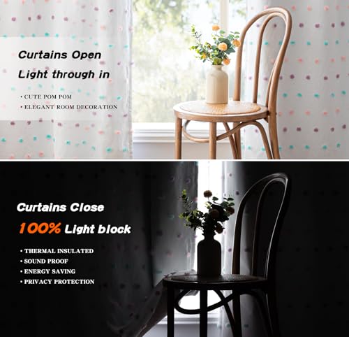 MYSKY HOME Cute Blackout Curtains for Kids Bedroom Nursery Curtains 100% Light Block Doubled Curtains with Rainbow Pom Pom Sheer Window Drapes Room Darkening Grommet Set of 2, 50 x 63 in - color: Rainbow Pom Pom, size: 50"W x 63"L (Pack of 2)