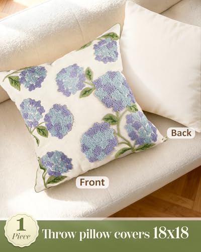 Embroidered Throw Pillow Cover, 18x18 Inch, Blue Hydrangea - color: Blue-hydrangea, size: 18" x 18" (Pack of 1)