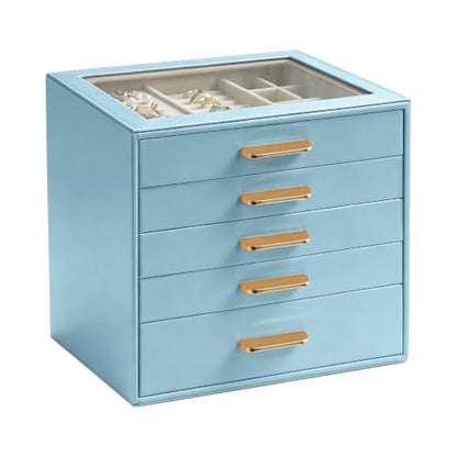 Homeanda Jewelry Boxes Organizer with Glass Lid, 5-Layer PU Leather, Blue - color: Smoky Blue, size: 5 Layer
