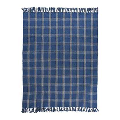 Creative Co-Op Recycled Cotton Blend Throw Blanket with Fringe, Blue Plaid (Pack of 4) - color: Blue, size: One Size (Pack of 4)