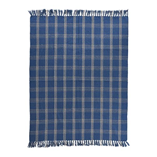 Creative Co-Op Recycled Cotton Blend Throw Blanket with Fringe, Blue Plaid - color: Blue, size: One Size