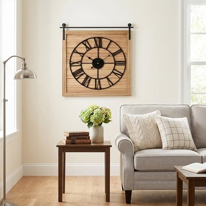 EMAX HOME 24 Inch Large Farmhouse Wall Clock, Unique Square Rustic Solid Wood Frame with Black Metal Hanging Rod, Silent Non-Ticking Quartz Movement, for Living Room, Bedroom, Kitchen - color: Brown 2, size: 24 Inch