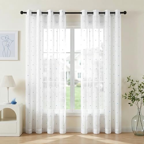 Deconovo Embroidered White Sheer Curtains for Bedroom, Grommet Top, Set of 2, 52W x 84L in per Panel, White Sheer Panels with Sky Blue mini dots Embroidery - color: Embroidery Dots/Blue, size: 52"W x 84"L (Pack of 2)