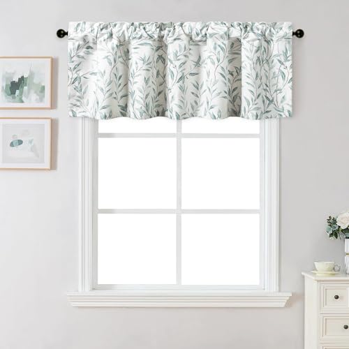 VOGOL Curtains Valance for Kitchen Windows, Country Style Leaf Print Valance for Living Room, Linen Textured Window Topper for Bathroom, 60Wx18L, 1 Panel, Blue - color: Blue, size: 60"W x 18"L (Pack of 1)