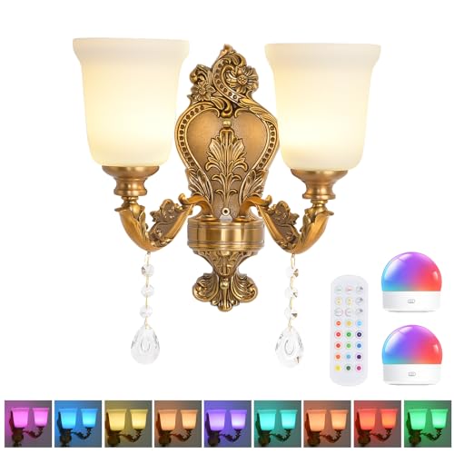 2-Light Retro Battery Operated Wall Sconces, Dimmable RGB Rechargeable Wireless Cordless Wall Lighting Glass Shade Remote Control Timer, 48hr Battery Life, Vintage for Dining Room Bedroom Living Room - color: 2-Light 1 Pack