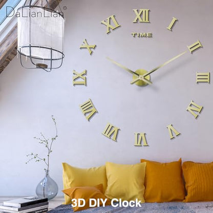 DIY Frameless Wall Clock, 3D, Adjustable Up to 52”, Gold - color: Gold